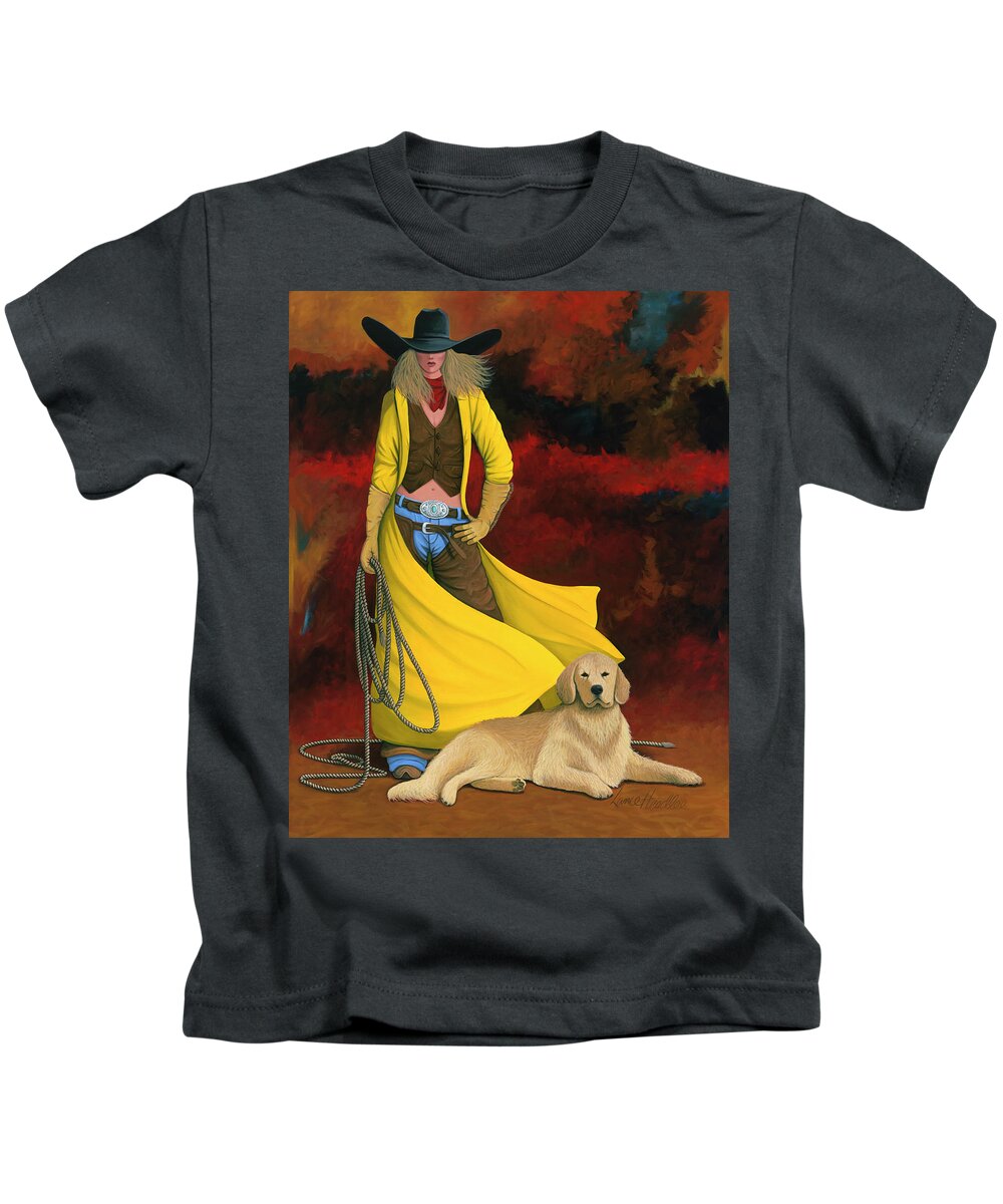 Cowgirl Girl And Dog Kids T-Shirt featuring the painting Man's Best Friend by Lance Headlee