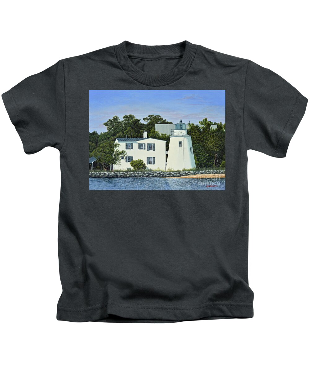 Piney Point Lighthouse Kids T-Shirt featuring the painting Mariners View of the Lighthouse by Aicy Karbstein