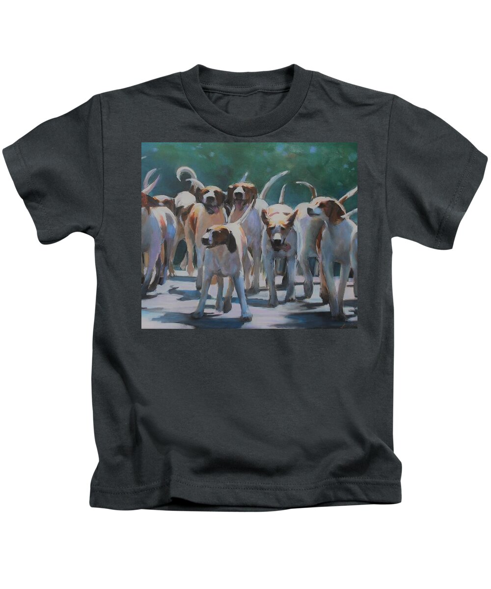 Hounds Kids T-Shirt featuring the painting Mark, Set, GO by Susan Bradbury