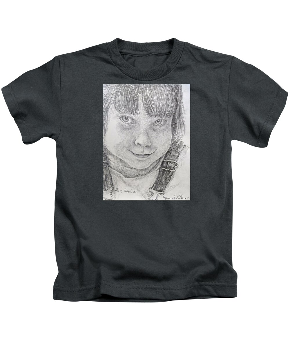 Gamin Child Young Boy Pencil Drawing Overalls Mischief Mischievous Kids T-Shirt featuring the drawing Max Kadel Drawing by Miriam A Kilmer