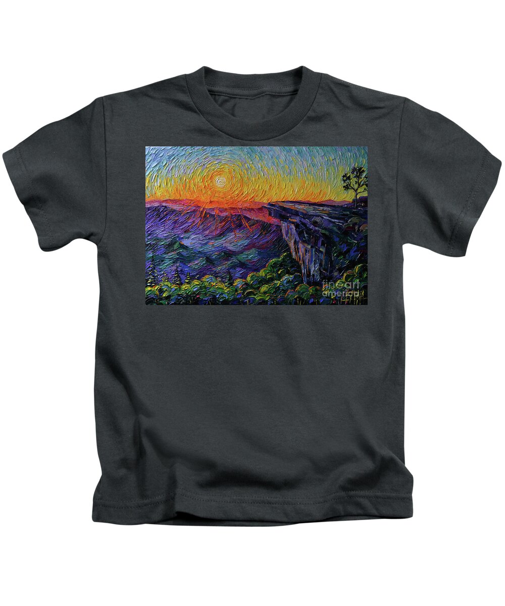 Mcafee Knob Appalachian Trail Kids T-Shirt featuring the painting McAfee Knob Appalachian trail sunrise - textured impressionism oil painting Mona Edulesco by Mona Edulesco