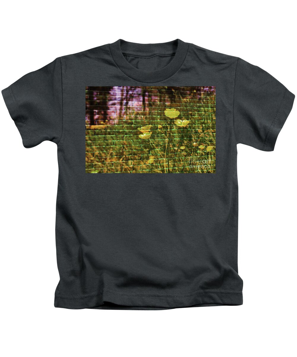 Affinity Photo Kids T-Shirt featuring the photograph Meadow flowers on brick wall by Pics By Tony