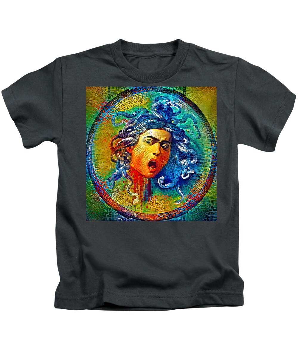 Medusa Kids T-Shirt featuring the digital art Medusa by Caravaggio - colorful mosaic by Nicko Prints