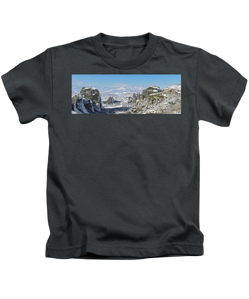 Meteora Kids T-Shirt featuring the photograph Meteora in winter by Sean Hannon