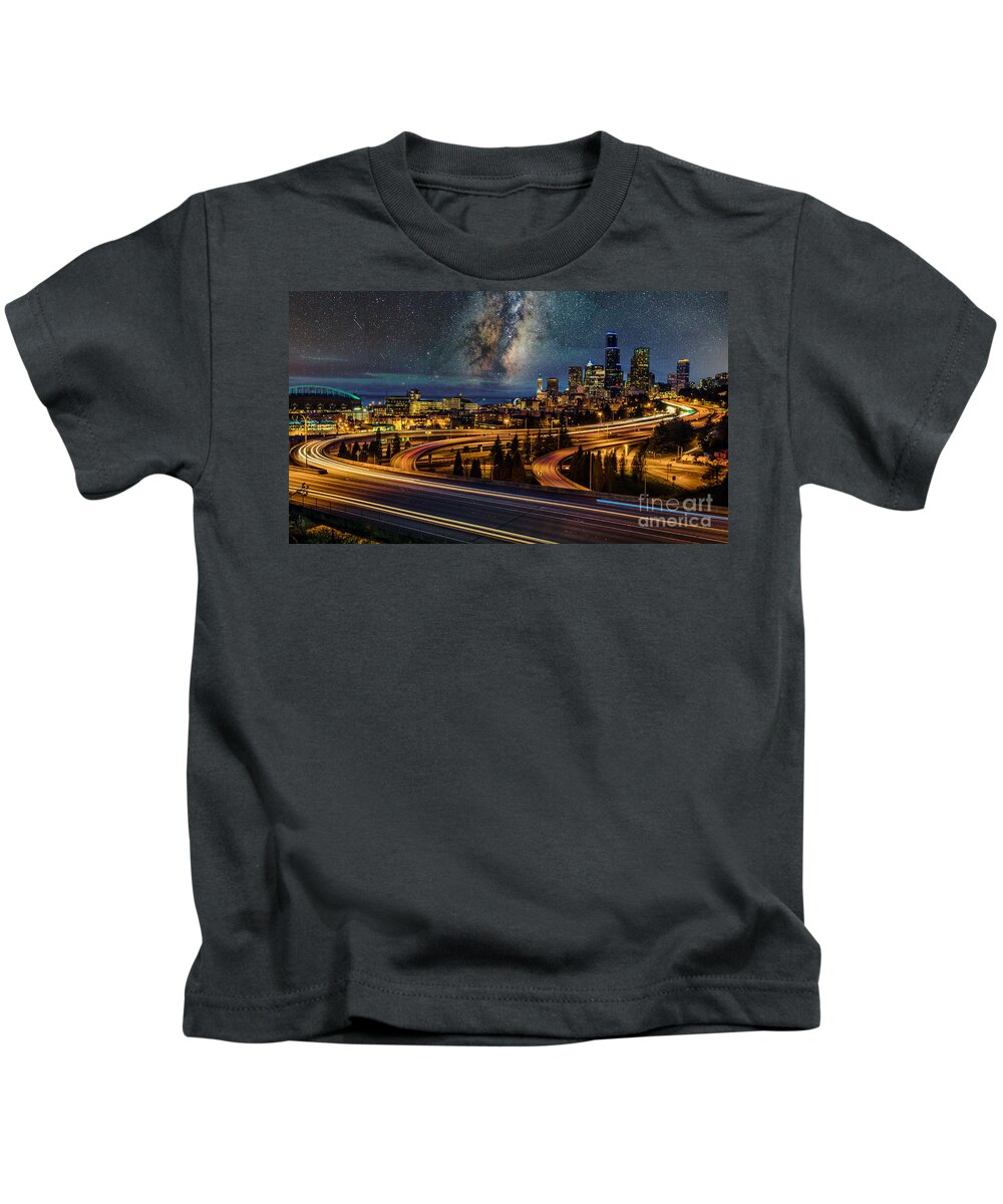 Downtown Kids T-Shirt featuring the photograph Milky Way Night in Seattle by Sal Ahmed