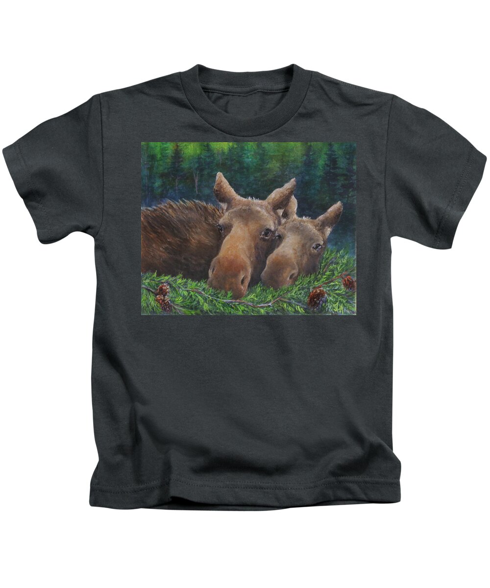 Moose And Baby Kids T-Shirt featuring the painting Momma Moose by June Hunt