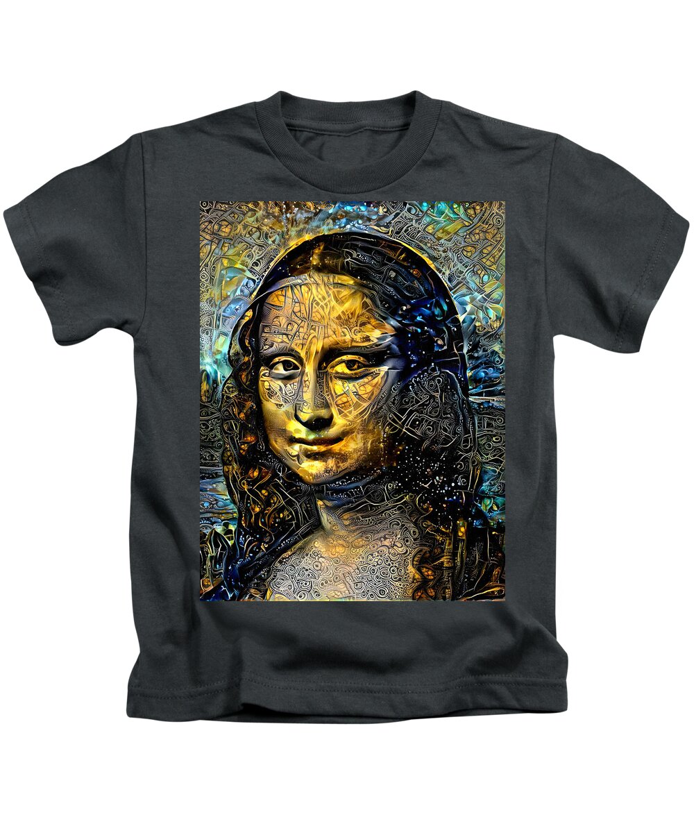 Mona Lisa Kids T-Shirt featuring the digital art Mona Lisa by Leonardo da Vinci - golden night design by Nicko Prints