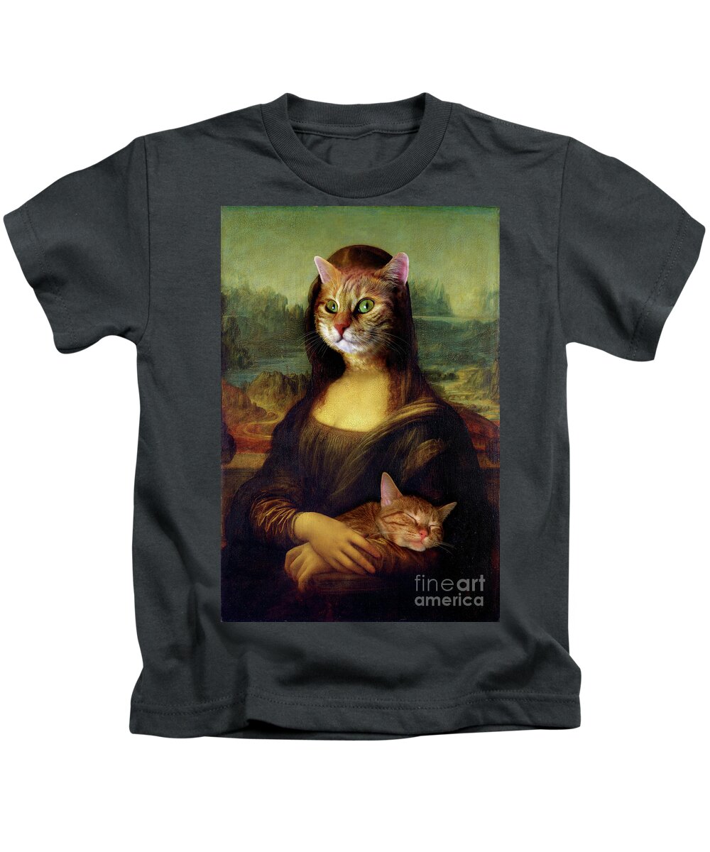 Mona Lisa Kids T-Shirt featuring the mixed media Mona Lisa Orange Cat by Lucie Dumas