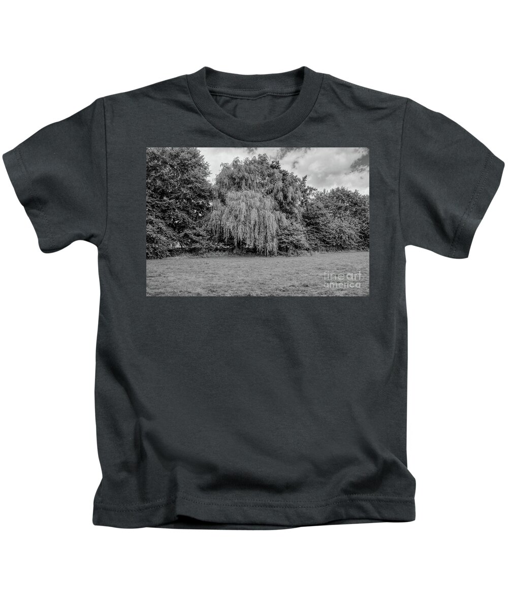 Monochrome Kids T-Shirt featuring the photograph Monochrome of a weeping willow tree by Pics By Tony