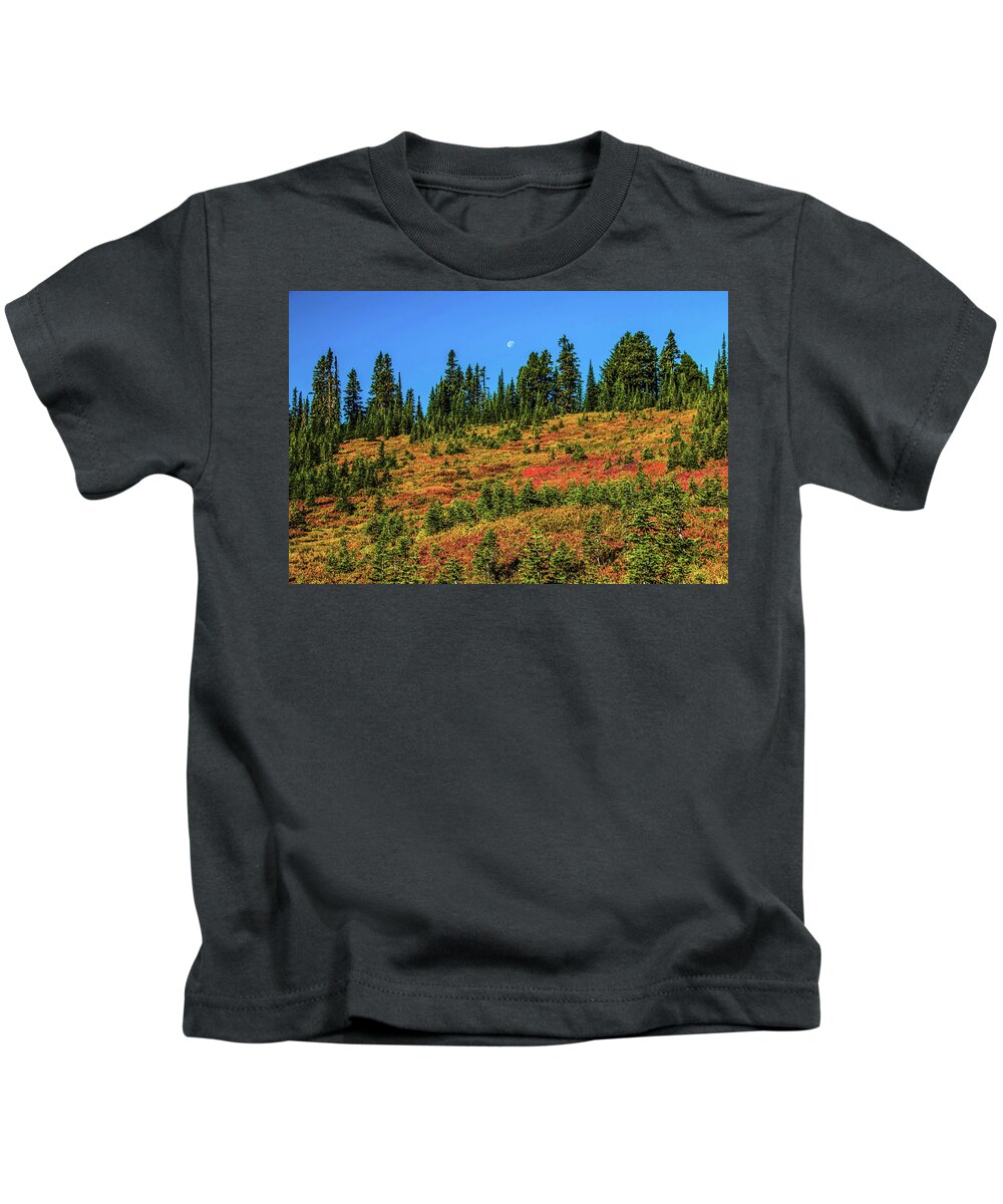 Mount Rainier National Park Kids T-Shirt featuring the photograph Moon Over Paradise by Doug Scrima