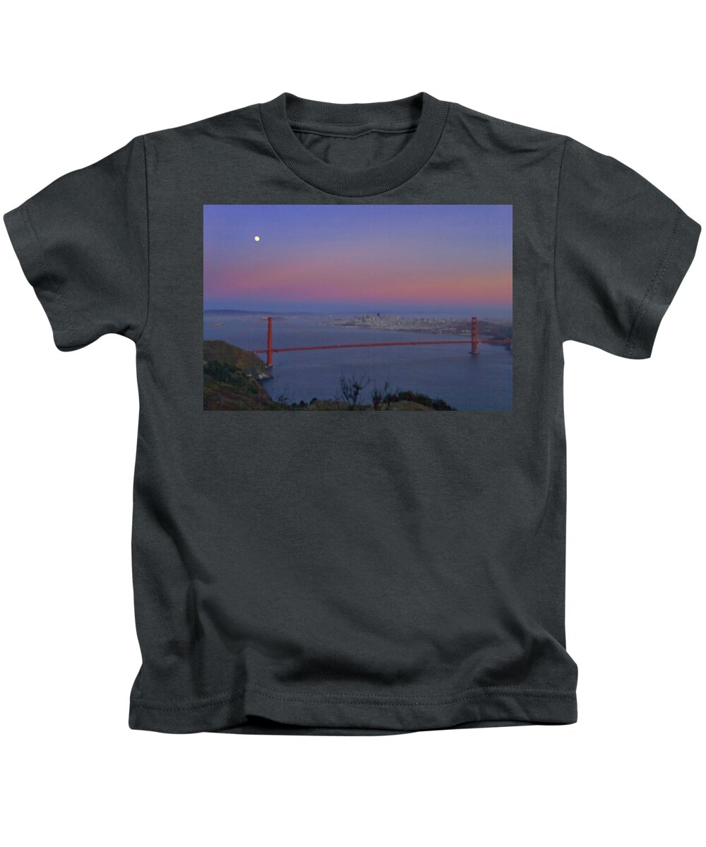 The Buena Vista Kids T-Shirt featuring the photograph Moon Over The Golden Gate by Tom Singleton