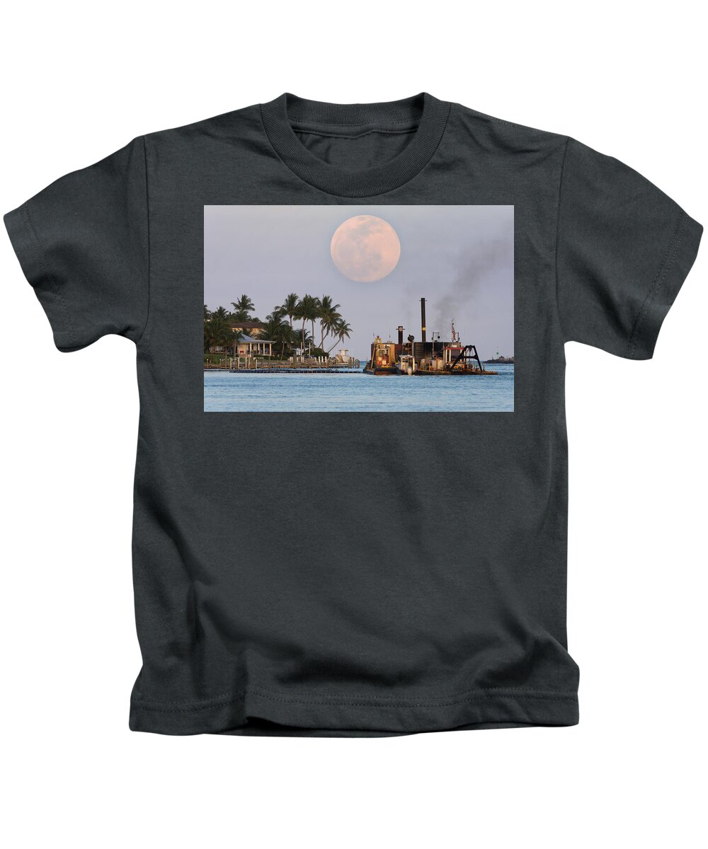 Determination Kids T-Shirt featuring the photograph Moon Rise Jupiter Inlet and Pump Barge by Kim Seng