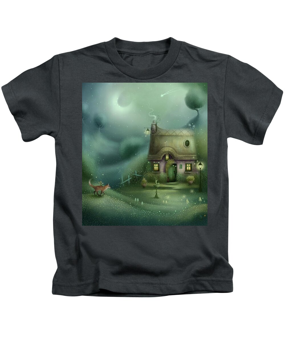 Fairy Kids T-Shirt featuring the painting Moondial cottage by Joe Gilronan