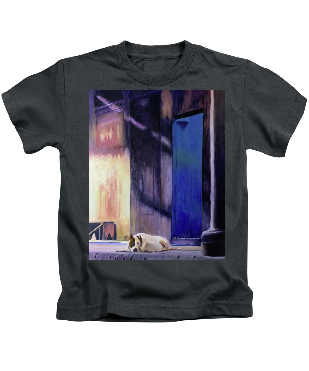 Dog Kids T-Shirt featuring the painting Moonlight Patience by Tracy Hutchinson