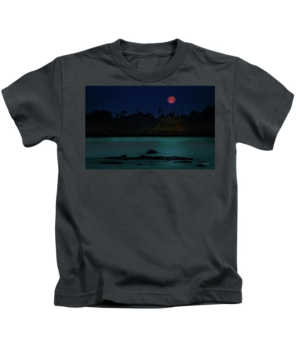 Dramatic Kids T-Shirt featuring the photograph Moonset over San Simeon Bay by Tim Bryan