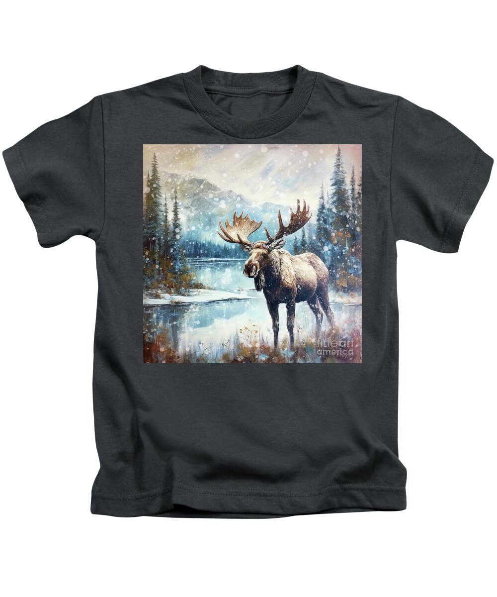 Moose Kids T-Shirt featuring the painting Moose In The Snowy Mountains by Tina LeCour