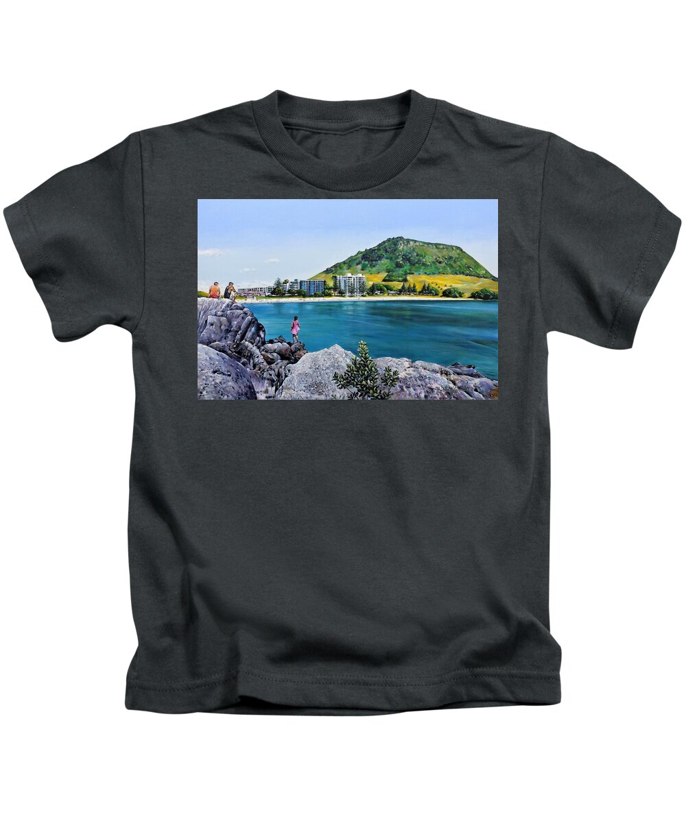 Beach Kids T-Shirt featuring the painting Mount Maunganui 290321 by Selena Boron