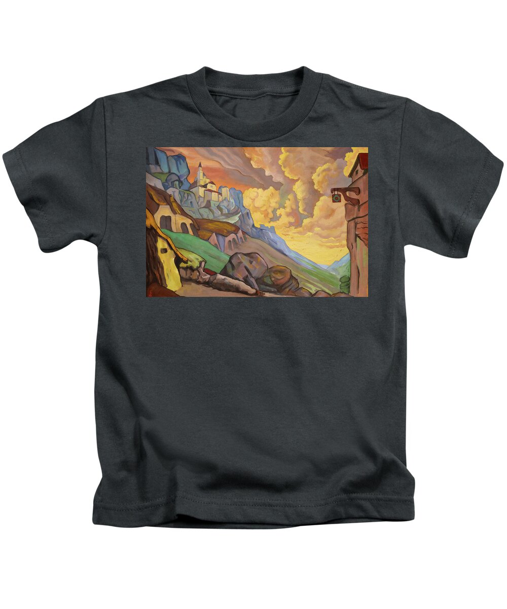 Nicholas Roerich Kids T-Shirt featuring the painting Mountain Convent, Fuente Ovehuna a drama by Lope de Vega by Nicholas Roerich