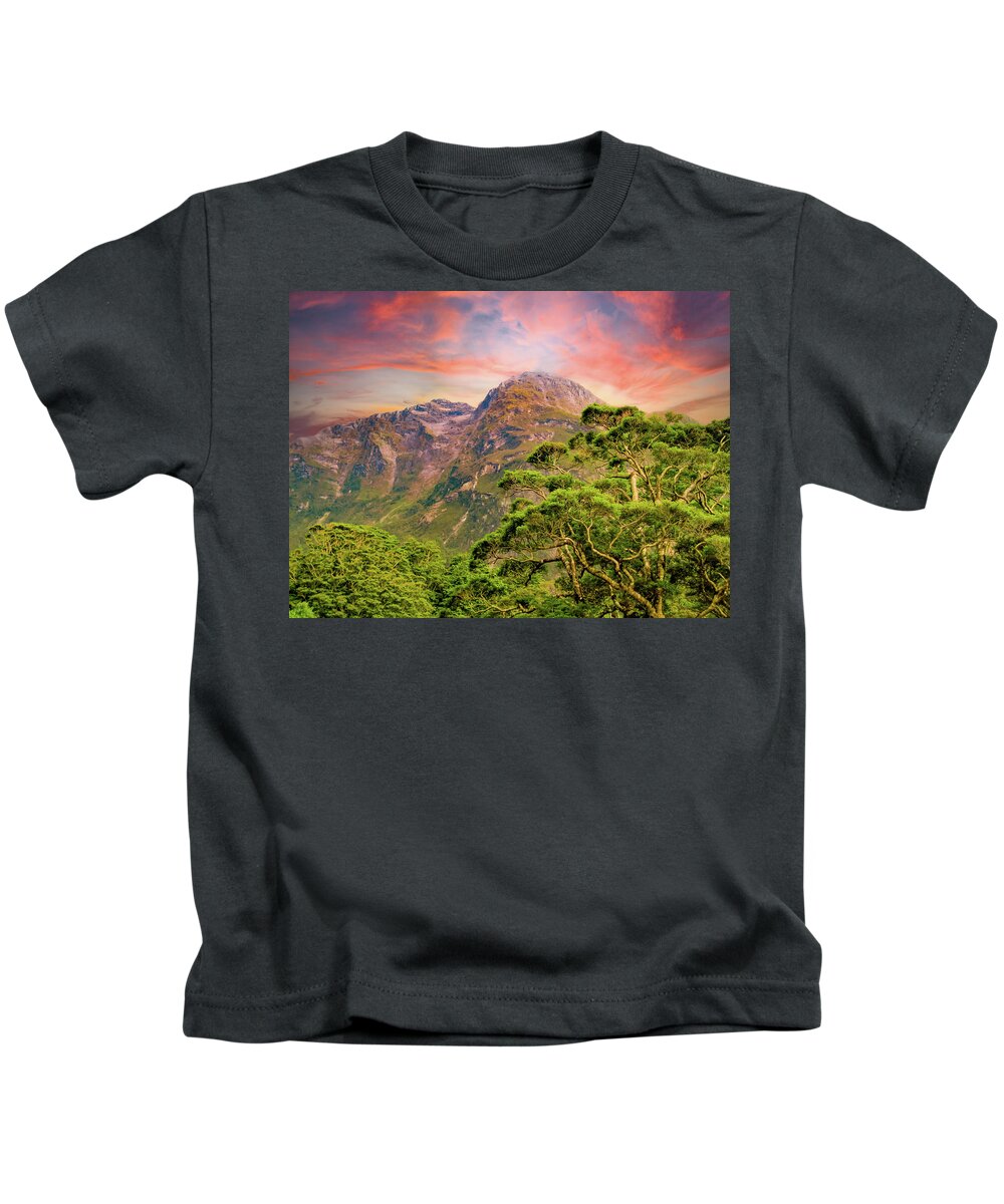 Milford Sound Kids T-Shirt featuring the photograph Mountains on the way to Milford Sound by John Marr