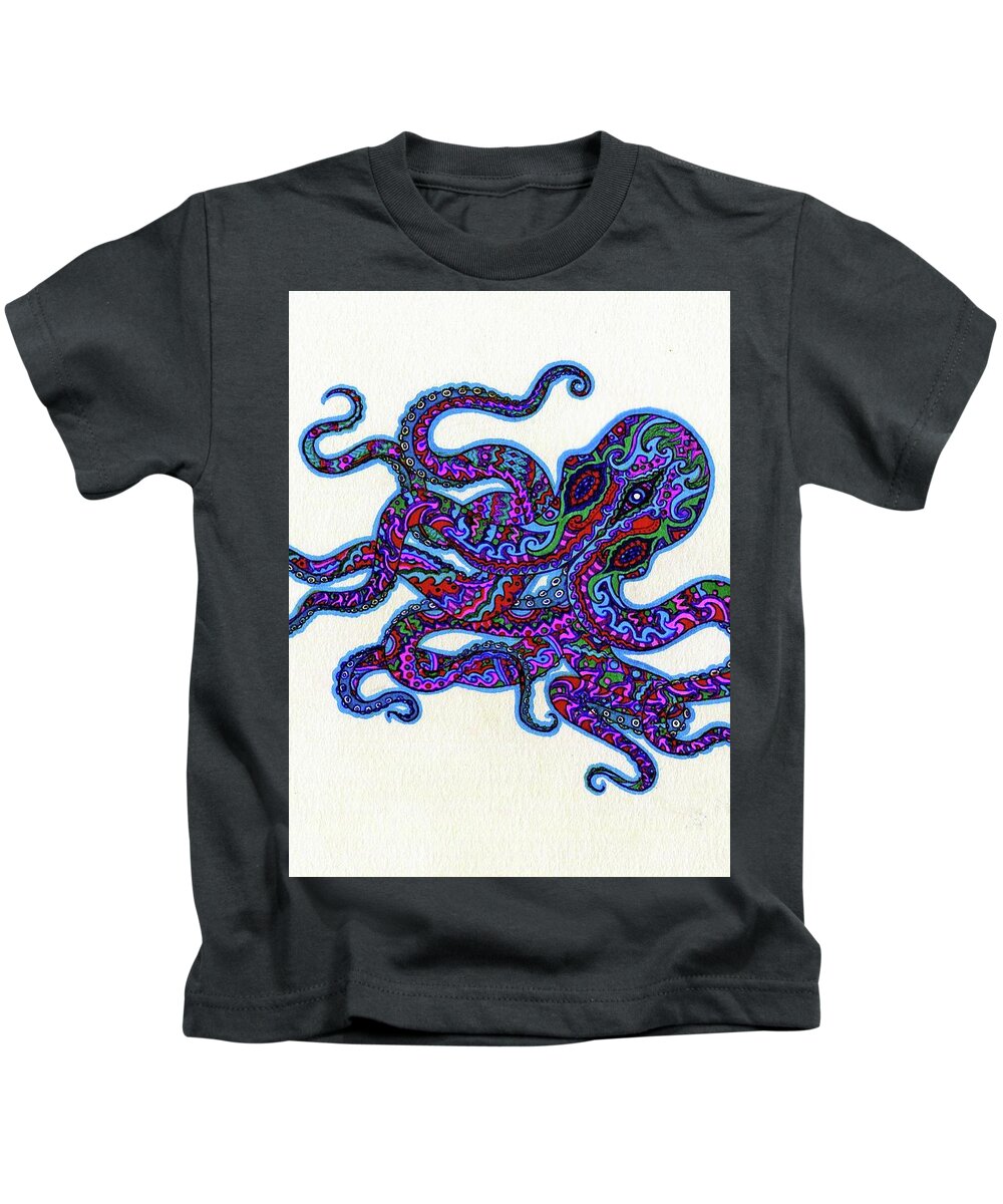 Octopus Kids T-Shirt featuring the drawing Mr Octopus by Baruska A Michalcikova