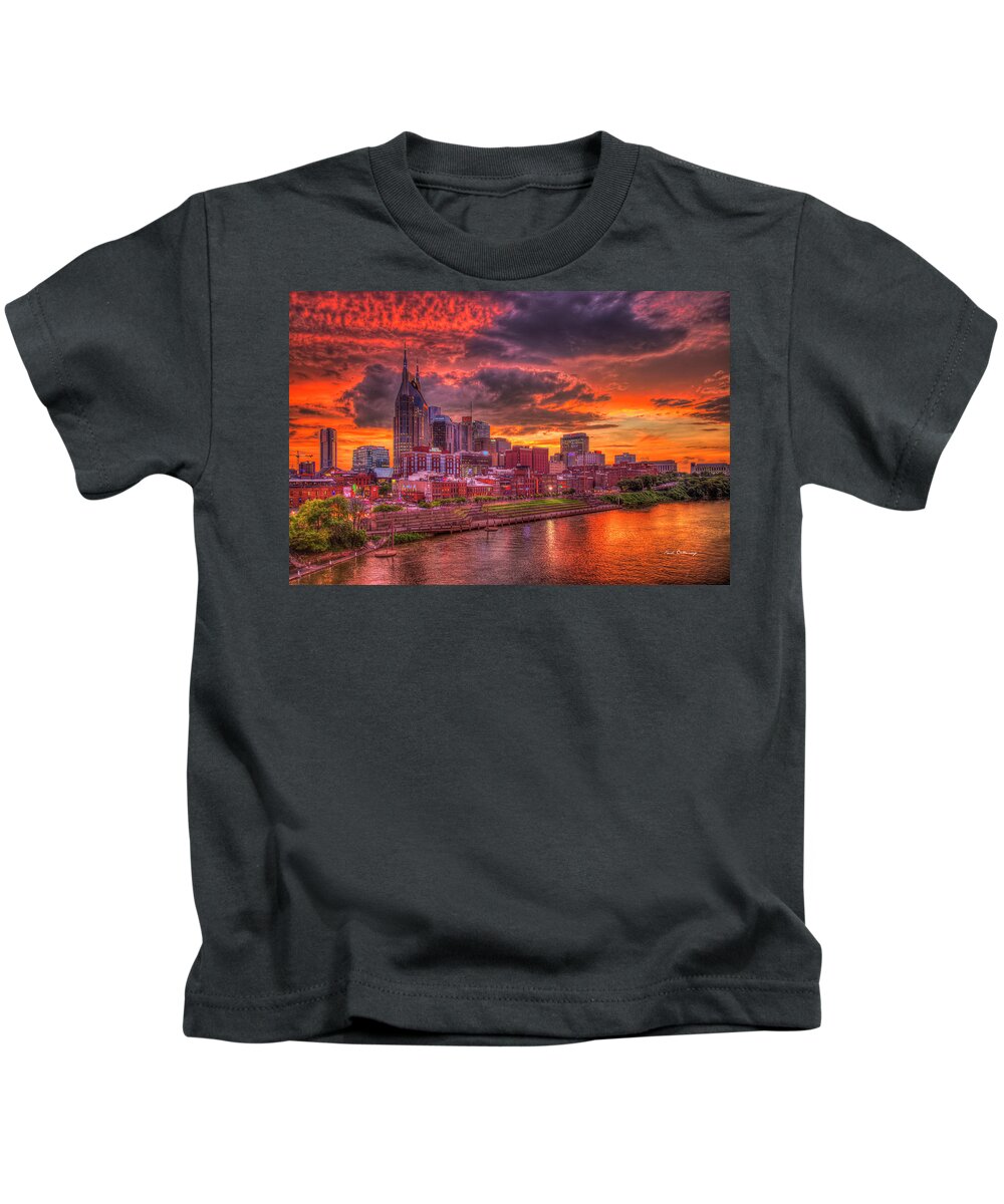 Reid Callaway Nashville Cityscape Art Kids T-Shirt featuring the photograph Nashville TN Music City Sunset 888 Broadway Street Architectural Cityscape Art by Reid Callaway