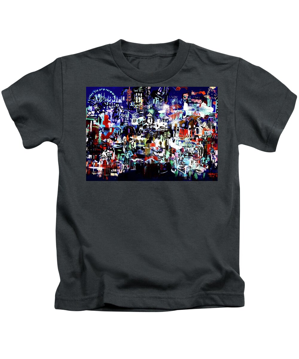 Neon Kids T-Shirt featuring the painting Neon City Fun by Tommy McDonell