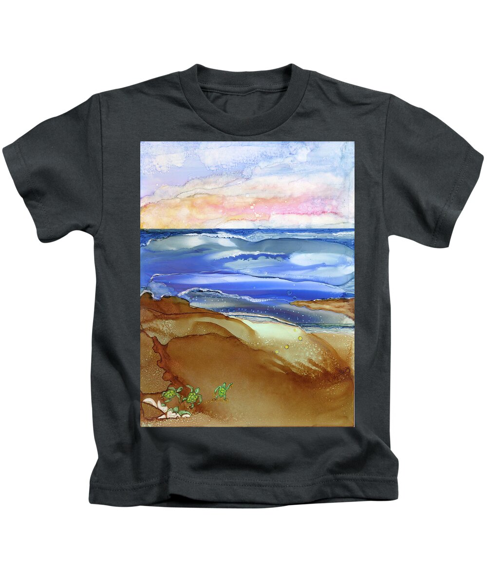 Paint Kids T-Shirt featuring the painting New Beginnings, Baby Sea Turtles by Joyce Clark