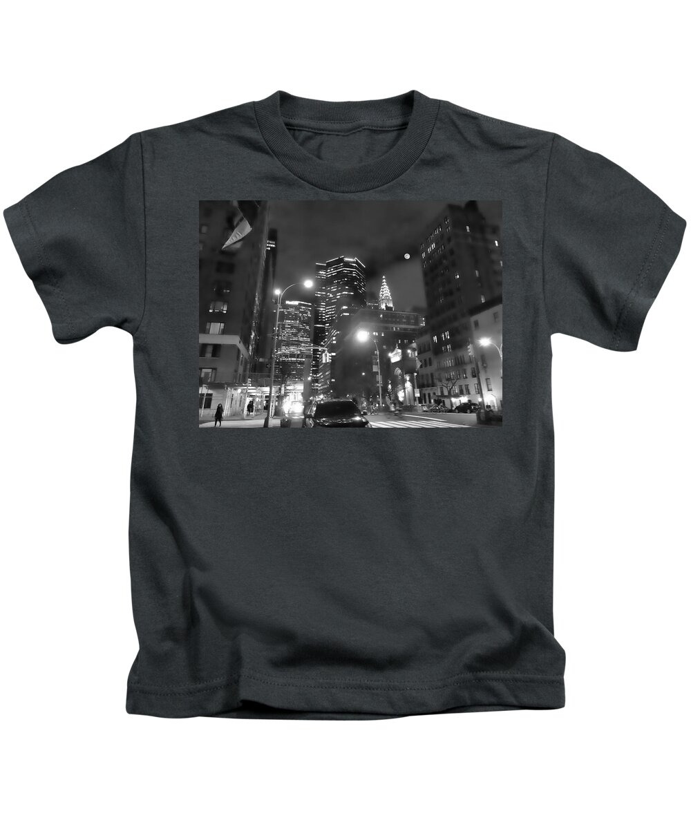 New York Kids T-Shirt featuring the photograph New York City at Night Full Moon by Russel Considine