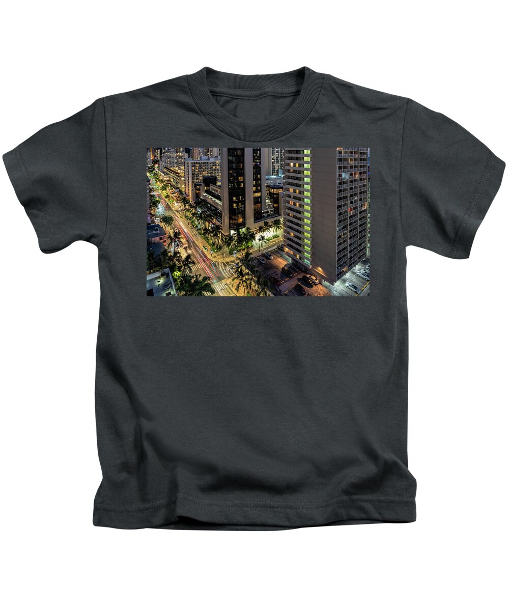 Hawaii Kids T-Shirt featuring the photograph Night Lights in Waikiki by Betty Eich