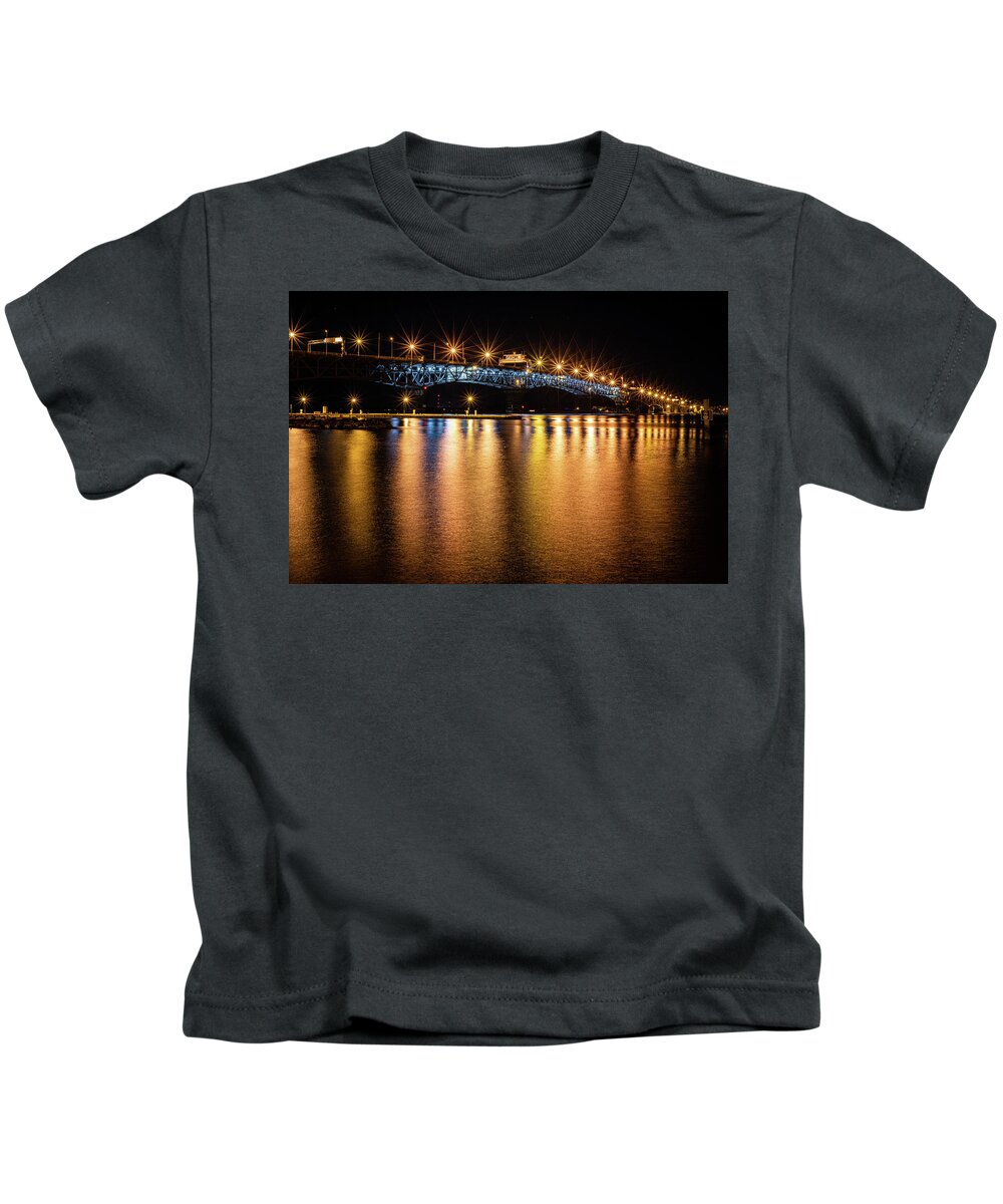 Coleman Bridge Kids T-Shirt featuring the photograph Night Lights in Yorktown by Lara Morrison