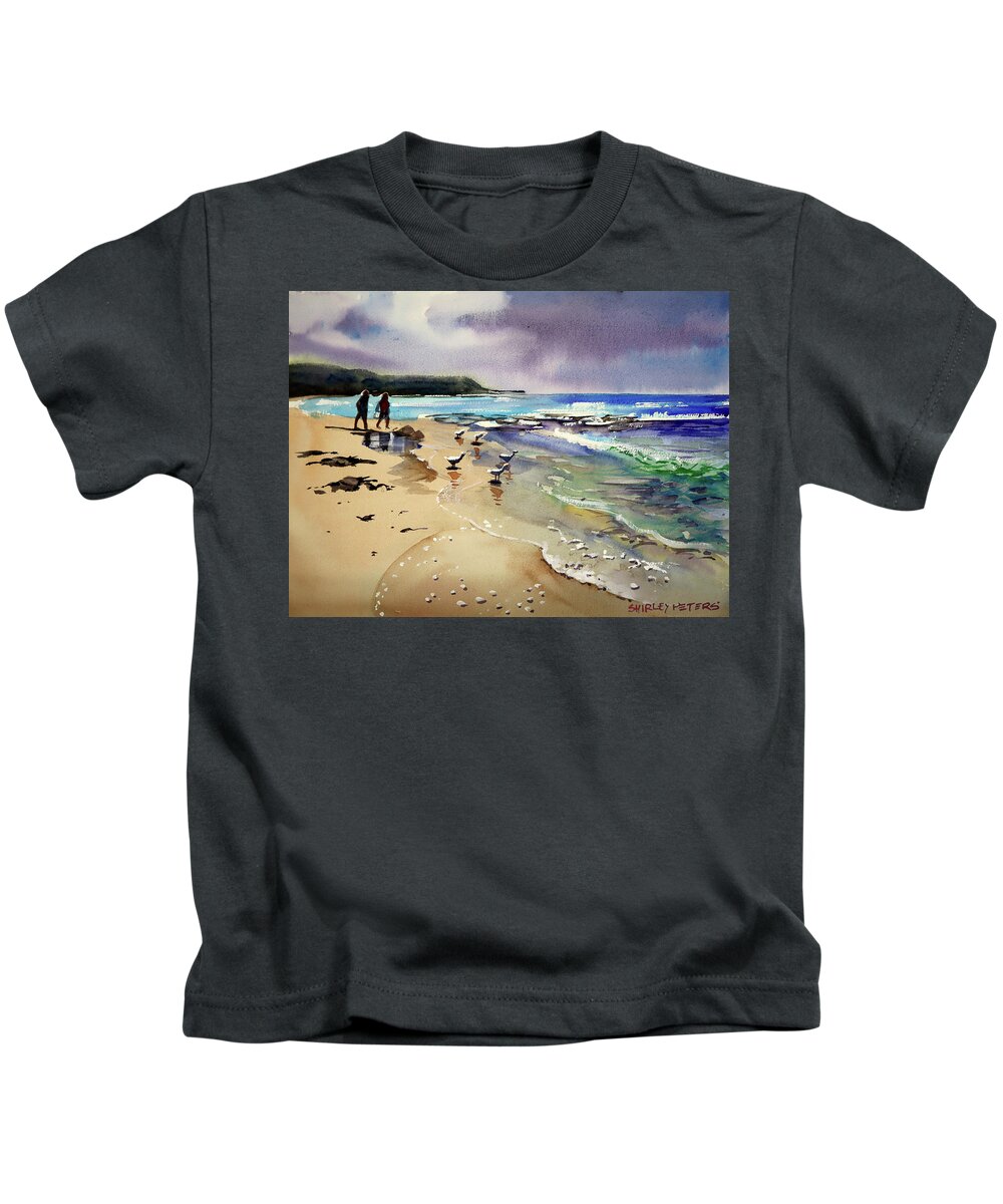 Purple Sky Kids T-Shirt featuring the painting North Beach with Birds by Shirley Peters
