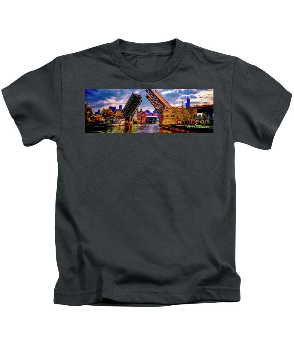 North Branch Kids T-Shirt featuring the photograph North Branch Chicago River River Draw Bridge opening Kennedy fee by Tom Jelen