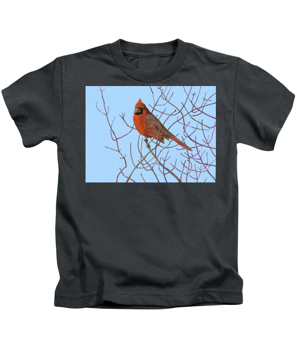 Cardinal Kids T-Shirt featuring the painting Northern Cardinal in Red Osier by Barry Kent MacKay