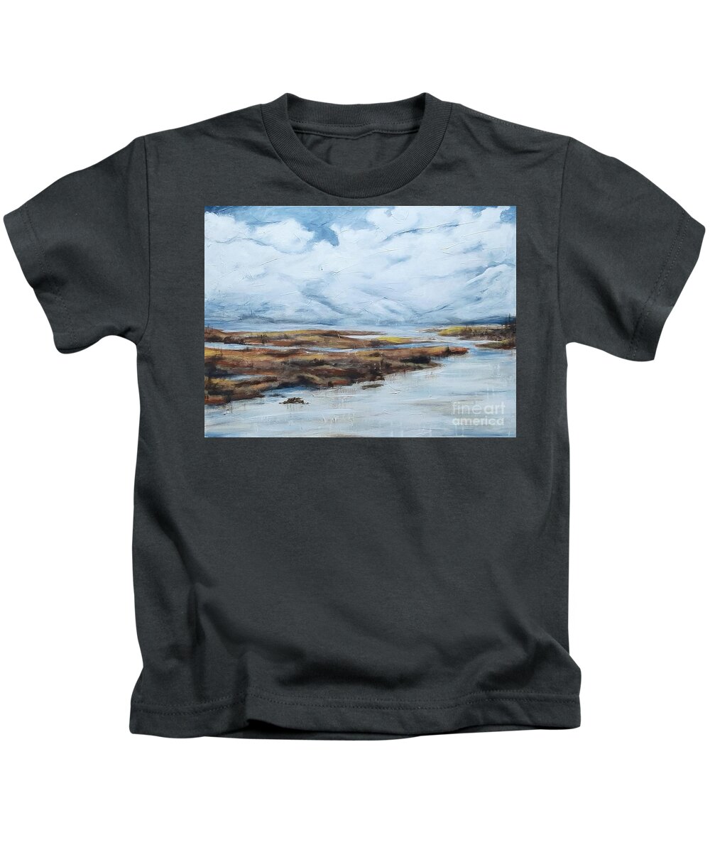 Sky Water Land Mountain Blue White Brown Sienna Ochre Black Reflection Landscape Waterscape Impressionistic Kids T-Shirt featuring the painting Northern Estuary by Ida Eriksen