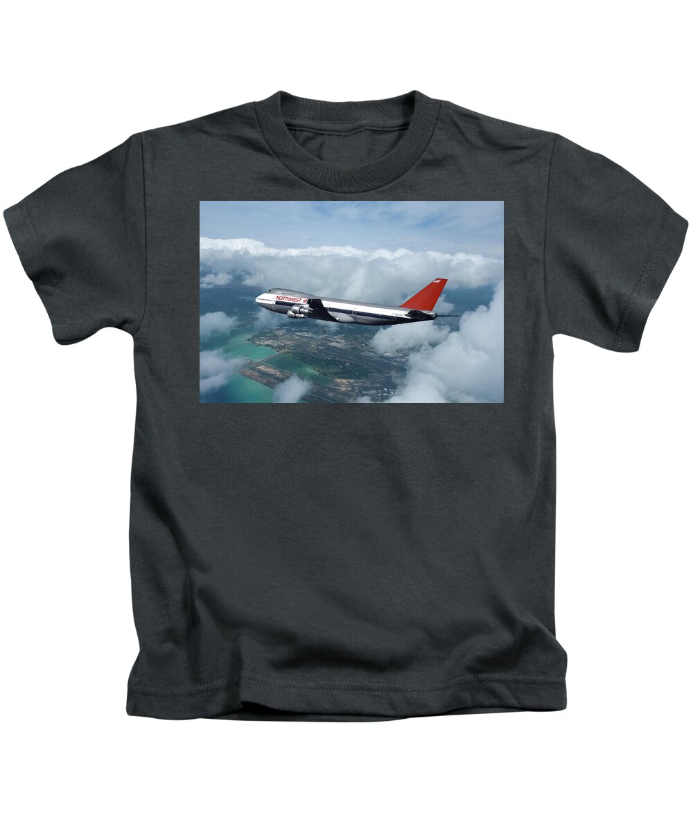 Northwest Orient Airlines Kids T-Shirt featuring the mixed media Northwest Airlines Boeing 747 over Hawaii by Erik Simonsen