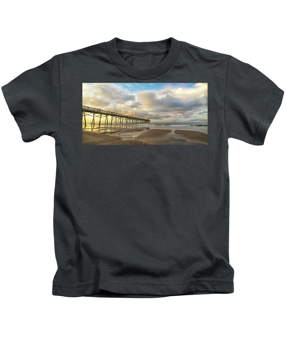 Sunrise Kids T-Shirt featuring the photograph Oceanana Fishing Pier Sunrise - Atlantic Beach NC by Bob Decker