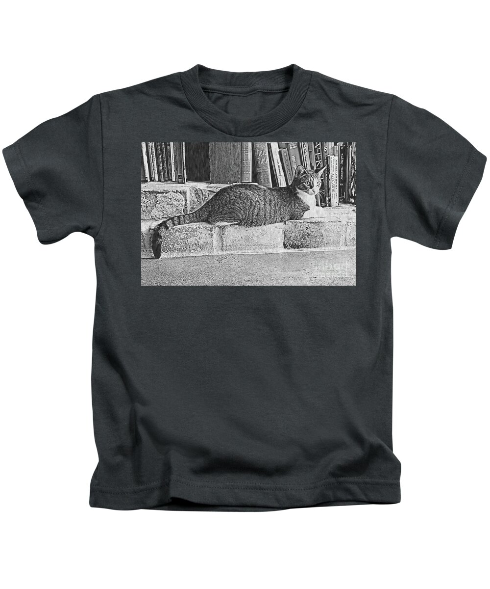 Cat; Kitty; Hearth; Fireplace; Books; Stone; Jail; New Orleans; Treme; Inn At The Old Jail; Litho; Black And White; Horizontal; Nostalgic; Vintage Kids T-Shirt featuring the digital art Old Jail Kitty in Black and White by Tina Uihlein
