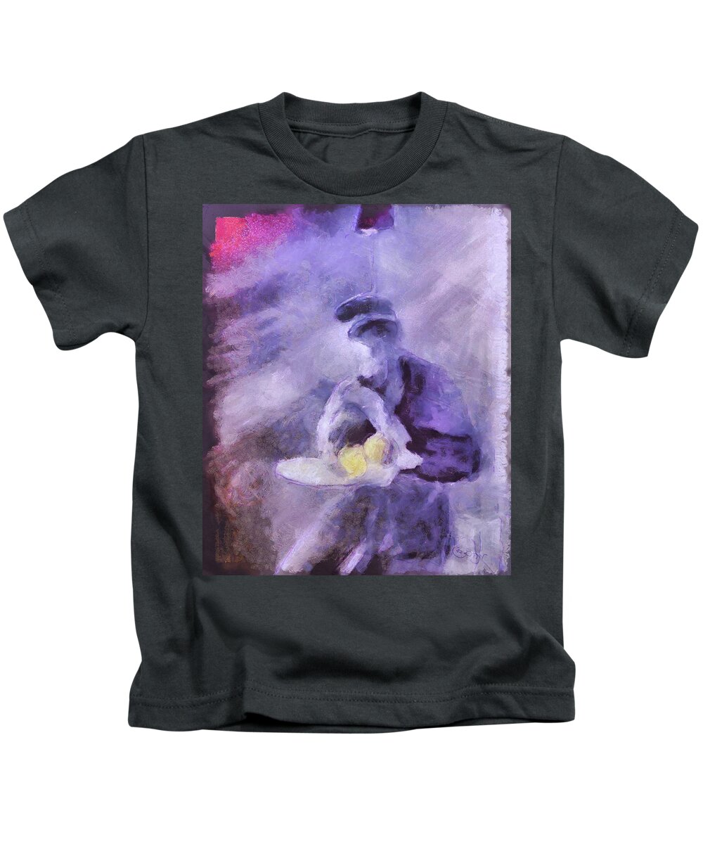 Old Man Kids T-Shirt featuring the painting Old world man sitting in prayer with lemons at table in purple with sun worship and peace citrus by MendyZ