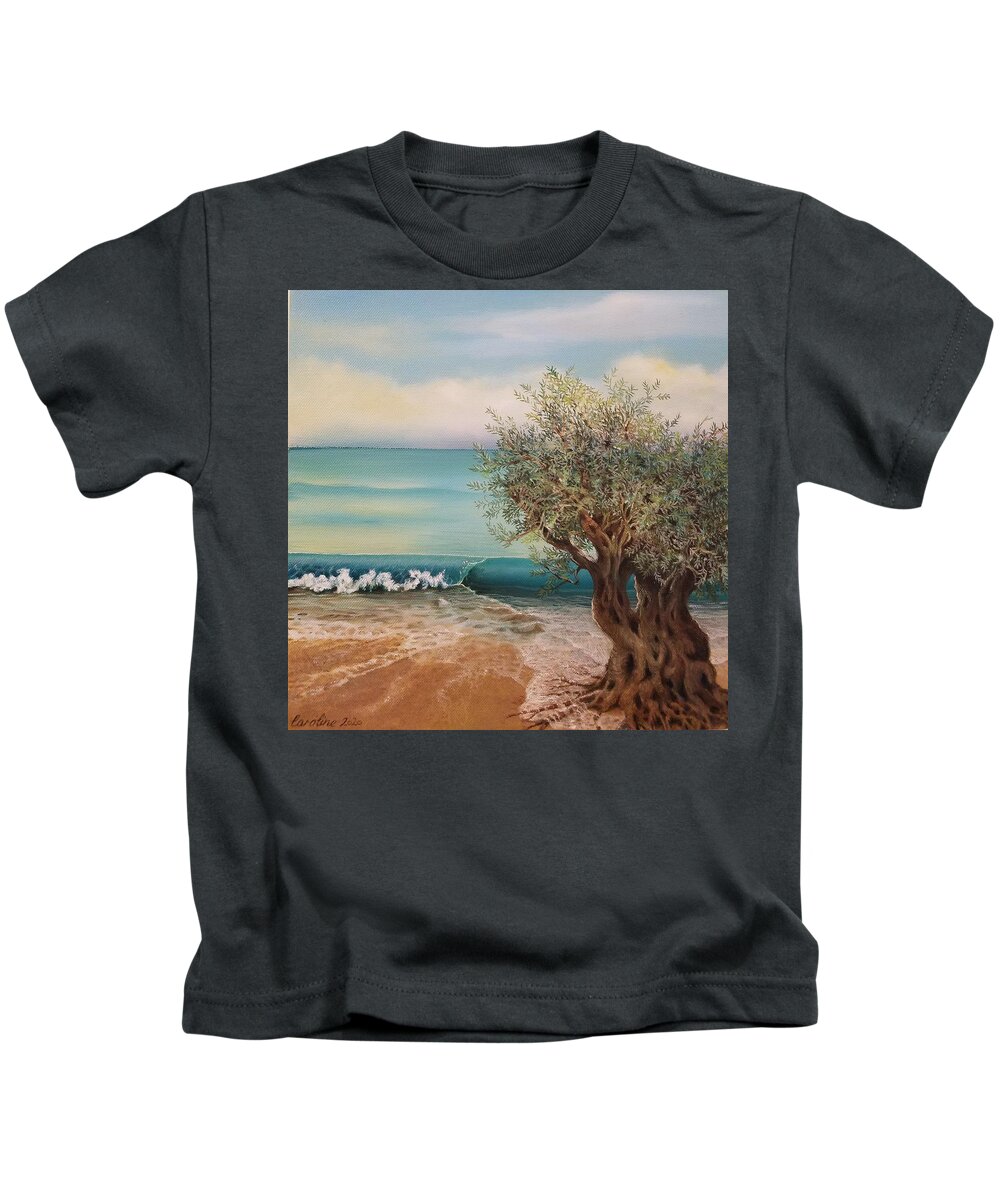 Seascape Oil Olive Tree Sky Blue Canvas Water Kids T-Shirt featuring the painting Olive and Sea 3 by Caroline Philp