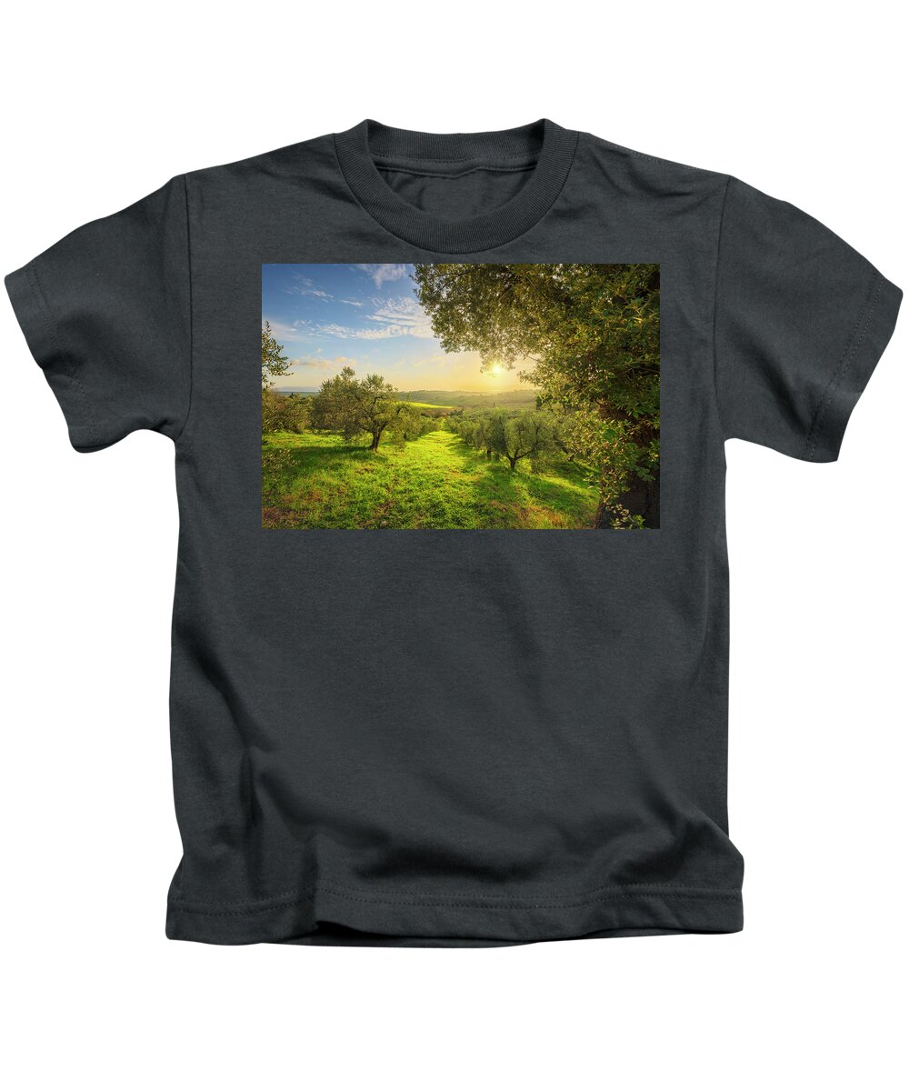 Olive Kids T-Shirt featuring the photograph Olive grove at sunset. by Stefano Orazzini