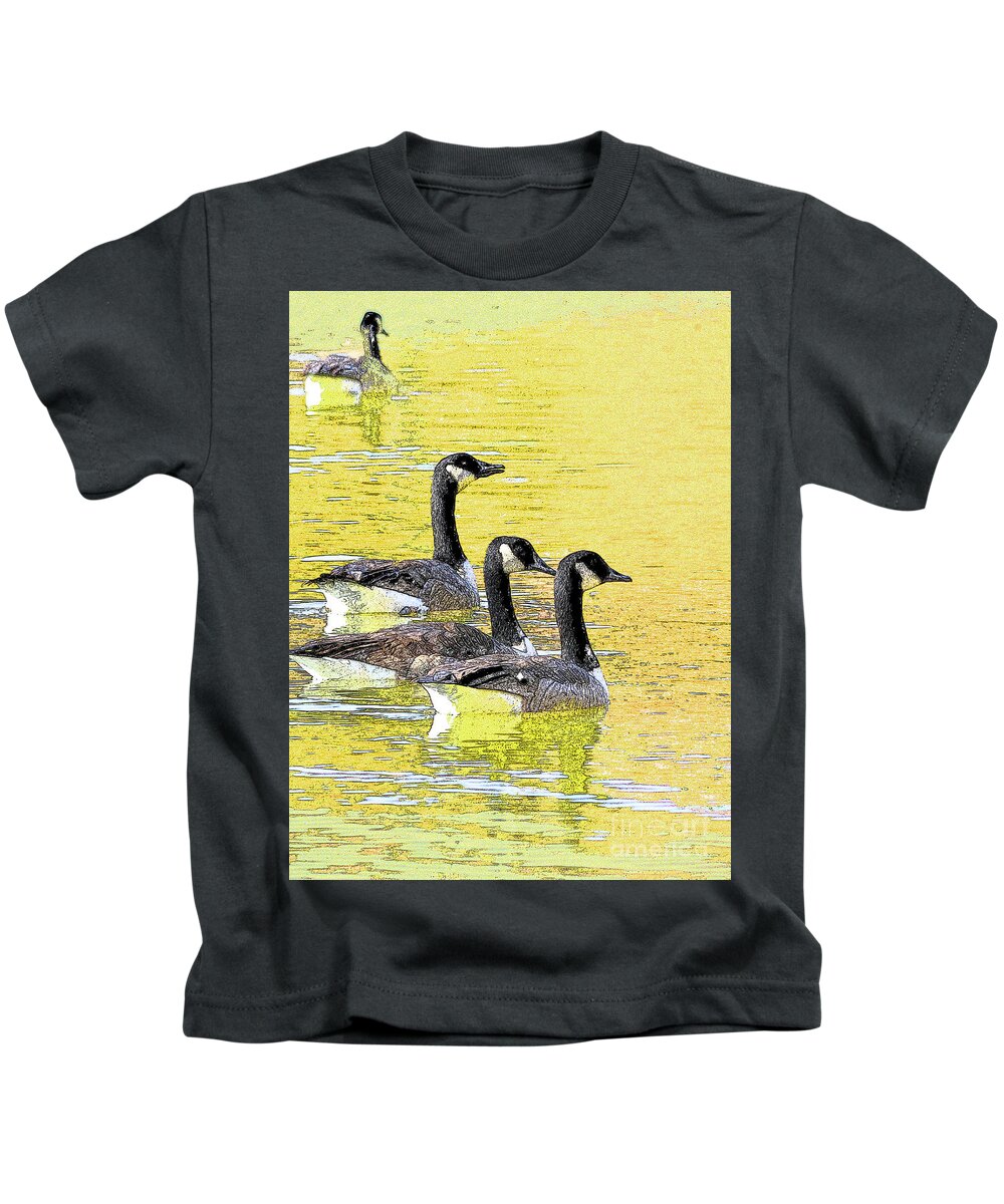 Canadian Geese Kids T-Shirt featuring the photograph On Golden Pond by Mafalda Cento