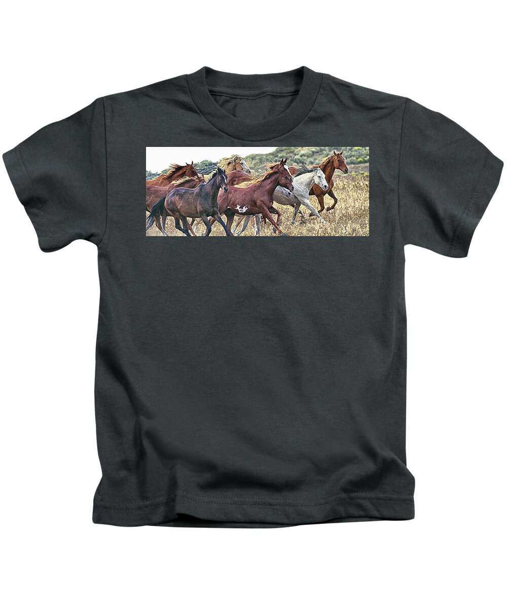 Horses Kids T-Shirt featuring the photograph On The Run Color by Don Schimmel