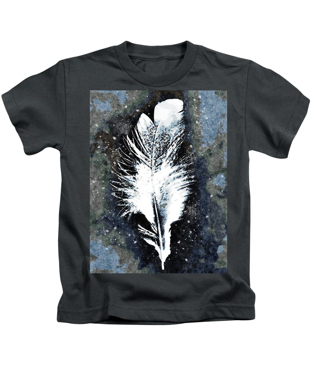 White Kids T-Shirt featuring the mixed media One White Feather Abstracted Watercolor Painting by Shelli Fitzpatrick