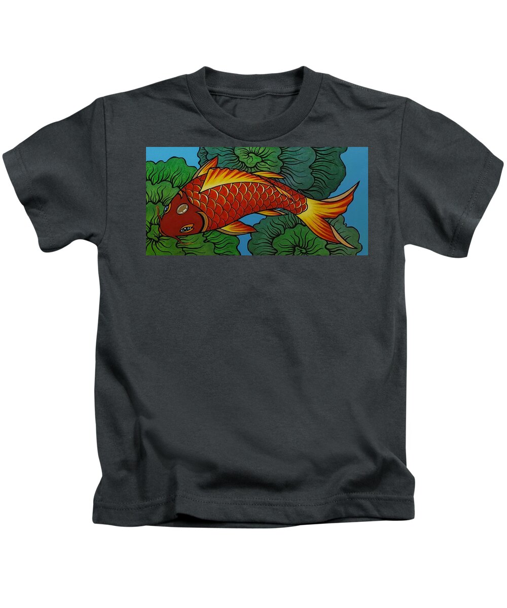 Koi Fish Kids T-Shirt featuring the painting Orange Koi with Green Thought Flowers by Bryon Stewart