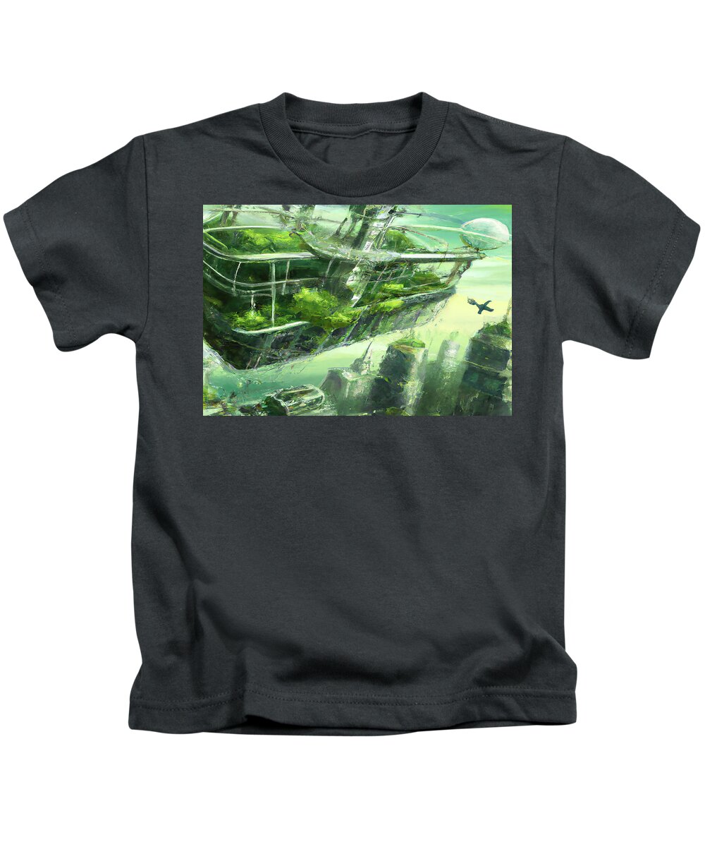 Space City Kids T-Shirt featuring the digital art Organic Green Futuristic City by Cathy Anderson