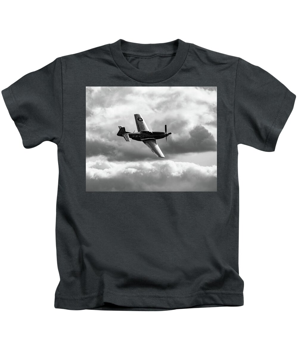 P-51 Kids T-Shirt featuring the photograph P-51 Mustang BW by Flees Photos
