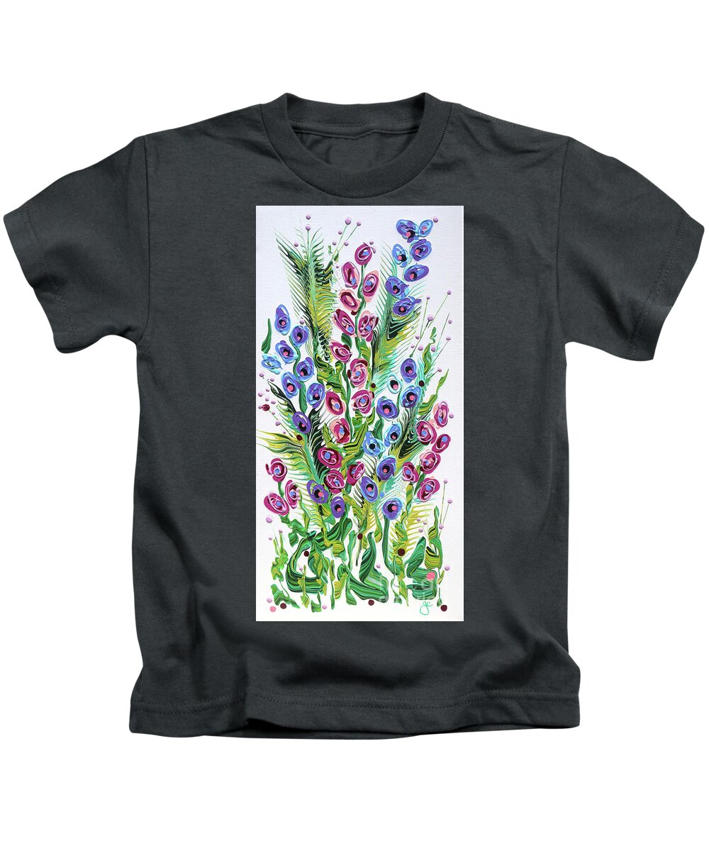 Fluid Acrylic Painting Kids T-Shirt featuring the painting Peacock Garden by Jane Crabtree