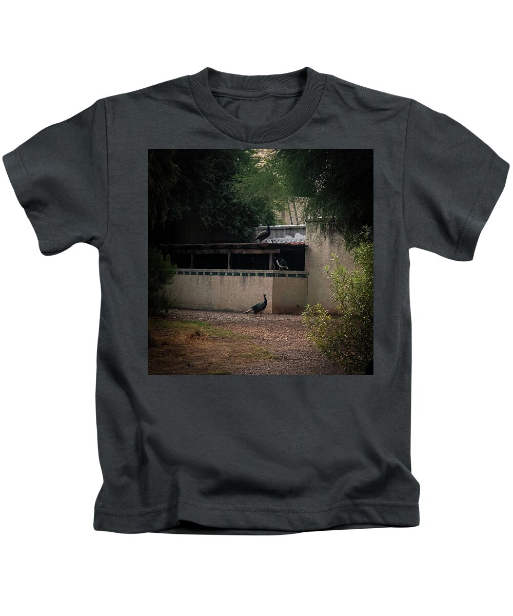 Haunted Kids T-Shirt featuring the photograph Peacocks at the Haunted Ranch by Grey Coopre