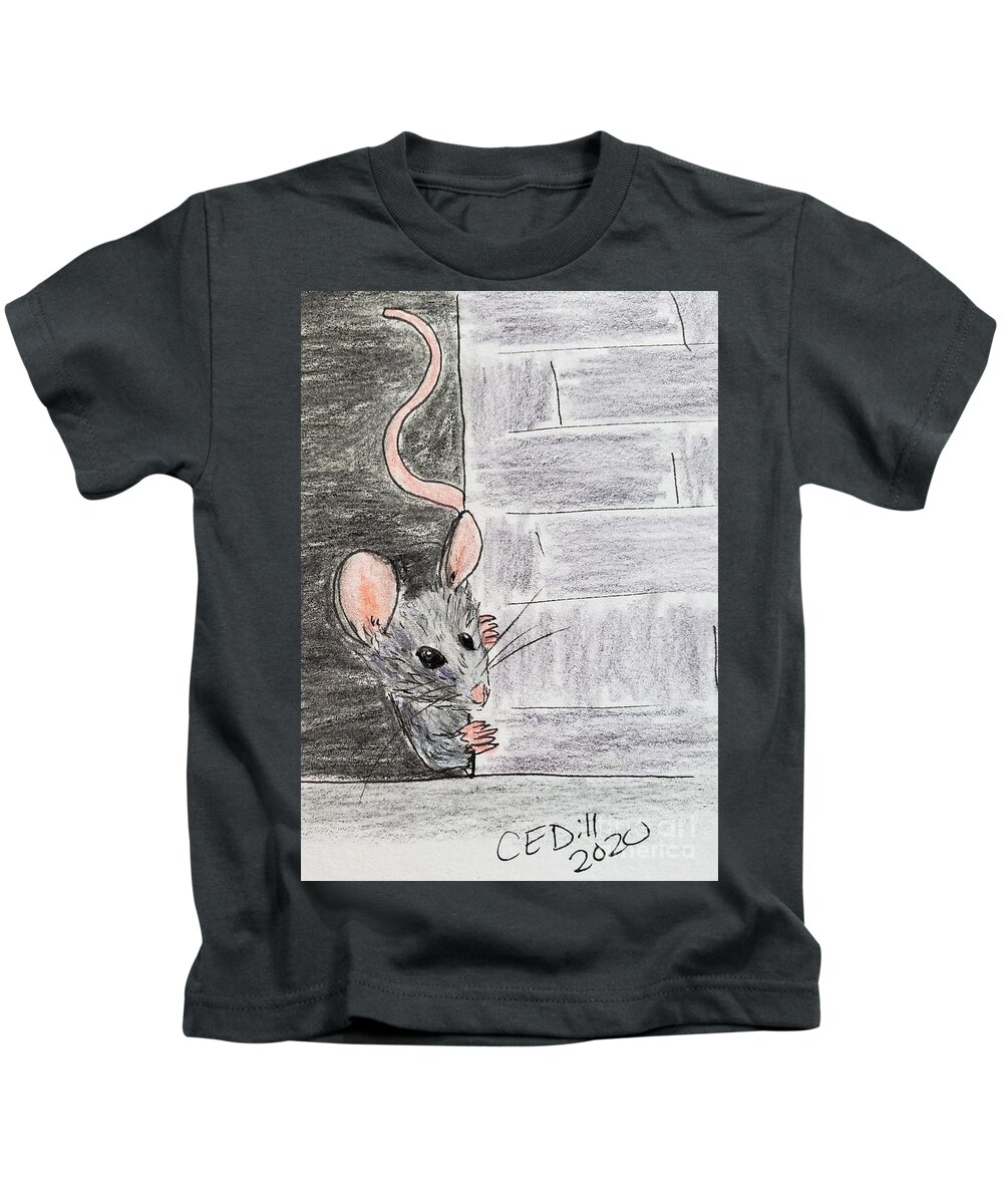 Mouse Kids T-Shirt featuring the painting Peeking Mouse by C E Dill