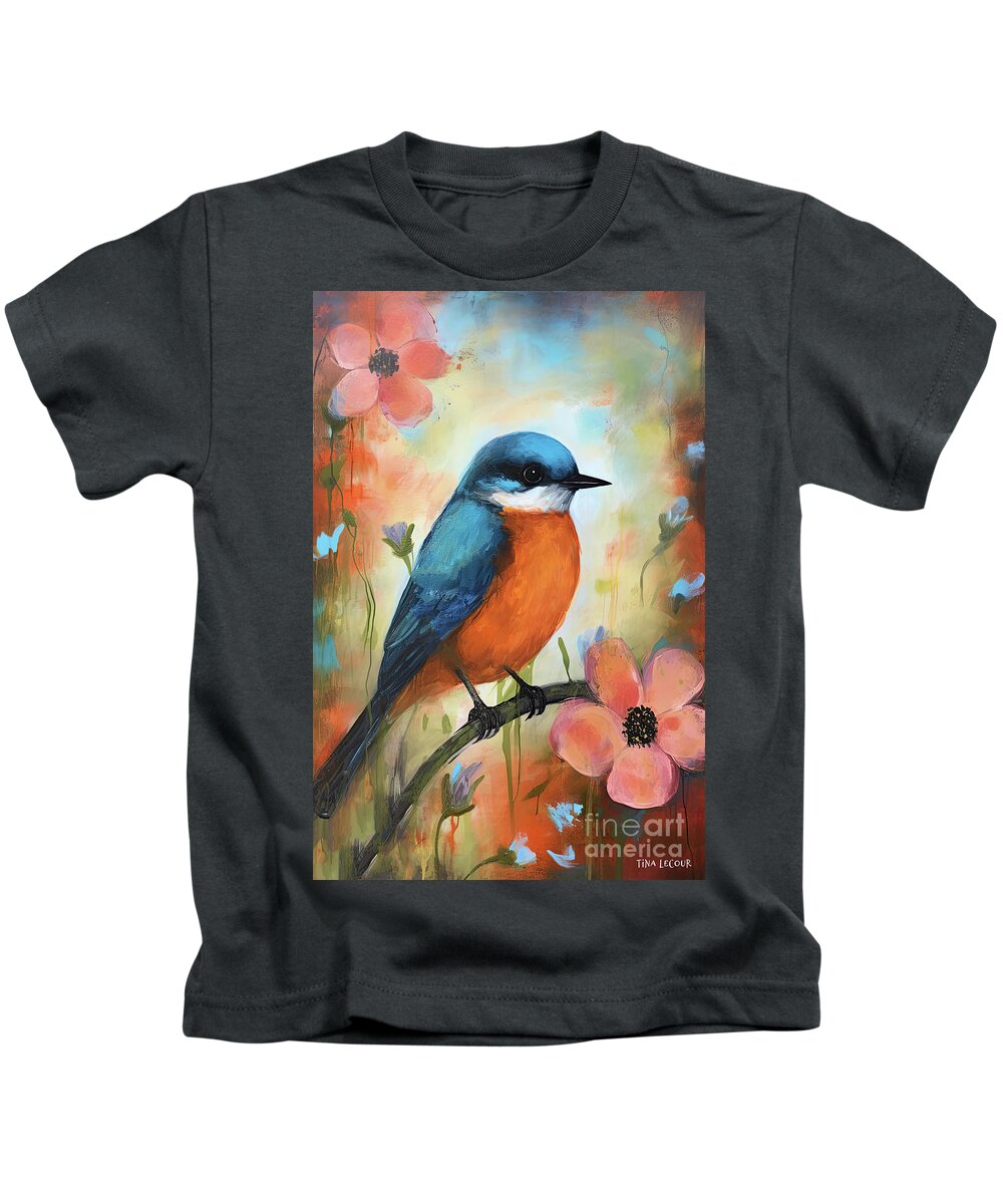Bluebird Kids T-Shirt featuring the painting Perched On The Poppies by Tina LeCour